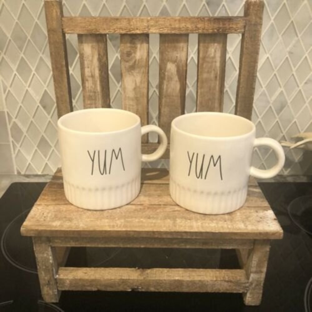 Rae Dunn YUM Mugs (2) 2019 Pleated Ribbed White Matte Farmhouse LL VHTF NEW